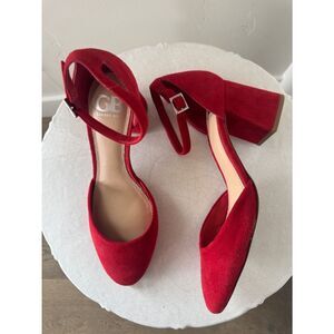 GB Gianni Bini New-Lewk Red Suede Ankle Strap Block Heels Pumps Size 6.5 New